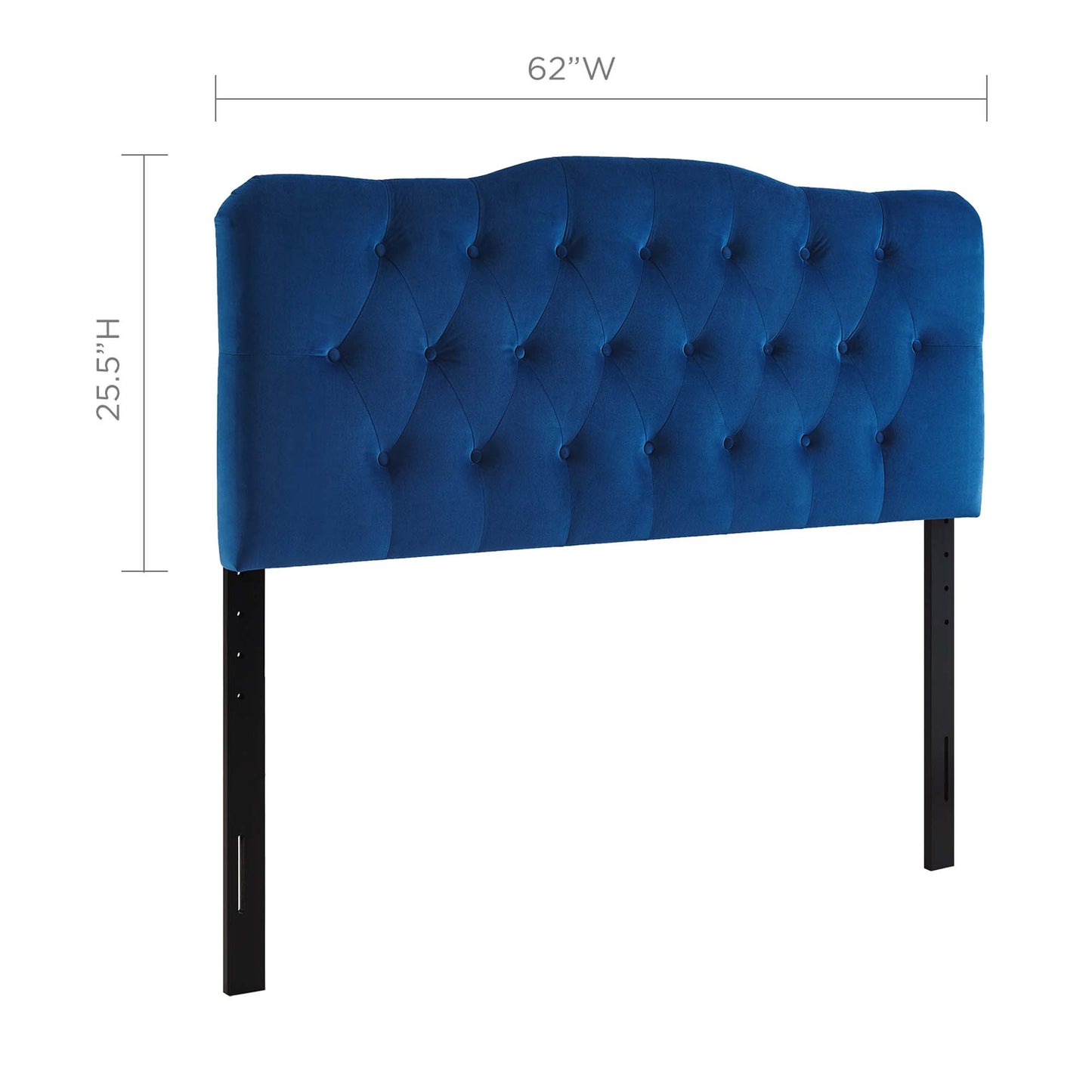 Navy blue tufted upholstered headboard with black metal legs, 62W x 25.5H, modern bedroom accent.