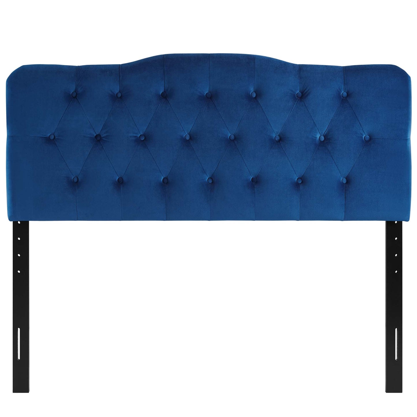 Navy blue tufted velvet headboard with diamond buttons and curved top, mounted on adjustable black metal legs.