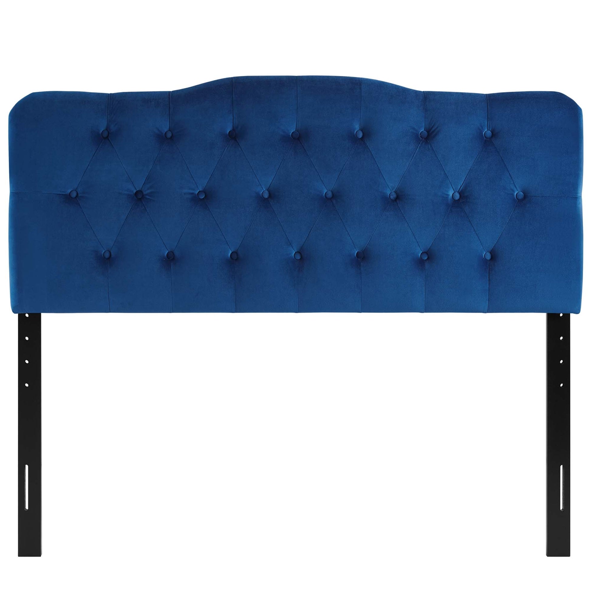 Navy blue tufted velvet headboard with diamond buttons and curved top, mounted on adjustable black metal legs.