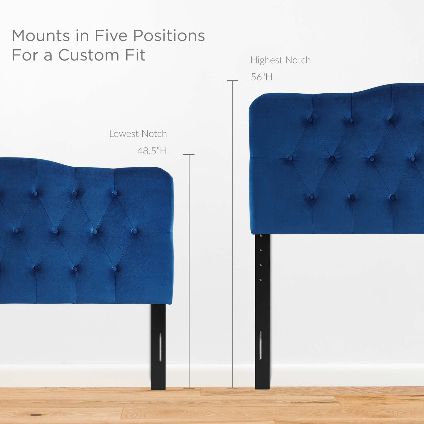 Pair of blue tufted headboards on black adjustable posts, five-position height 48.5–56 in for a custom fit.