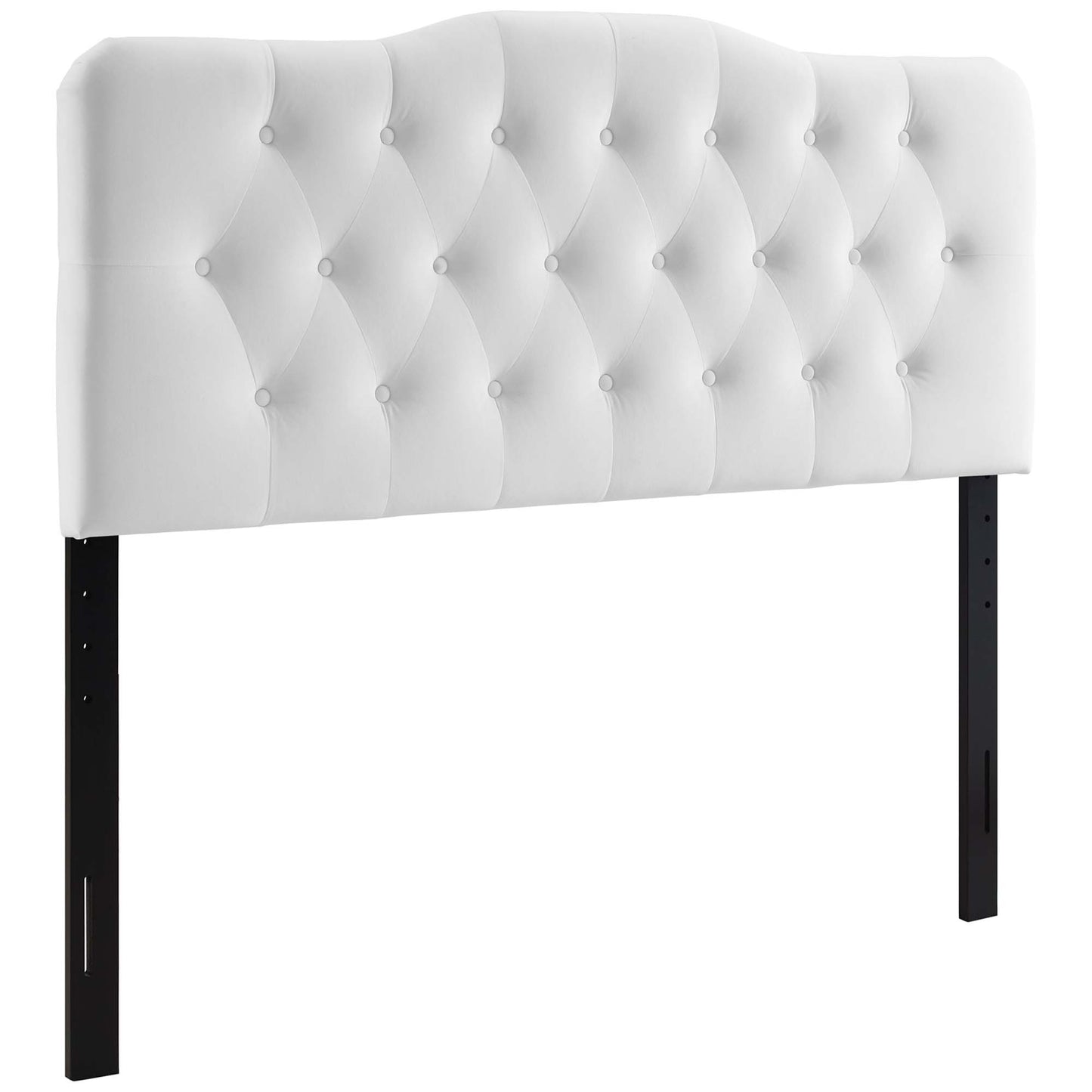 White tufted upholstered headboard with diamond buttons, curved top and black metal legs.