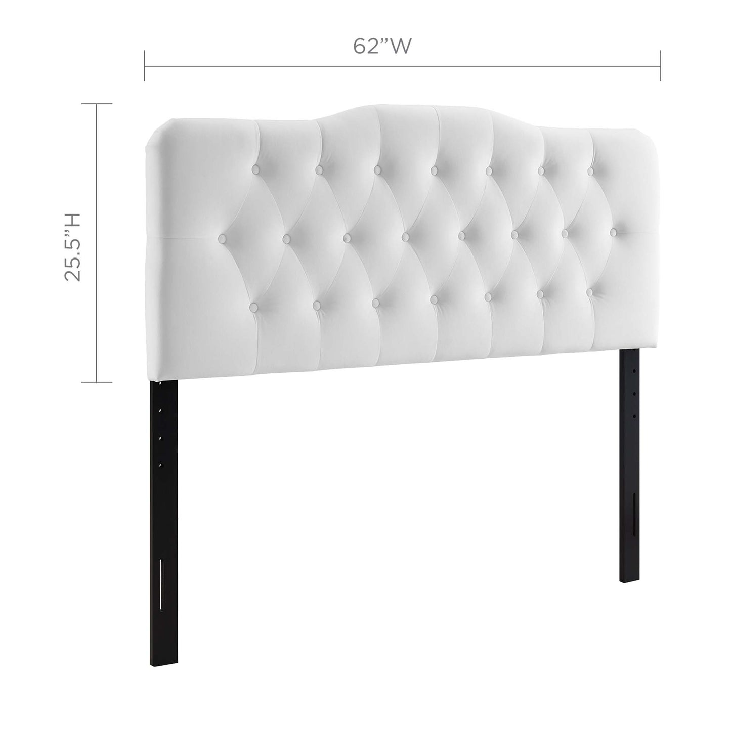 White tufted upholstered headboard with diamond button tufting on black metal legs, 62W x 25.5H.