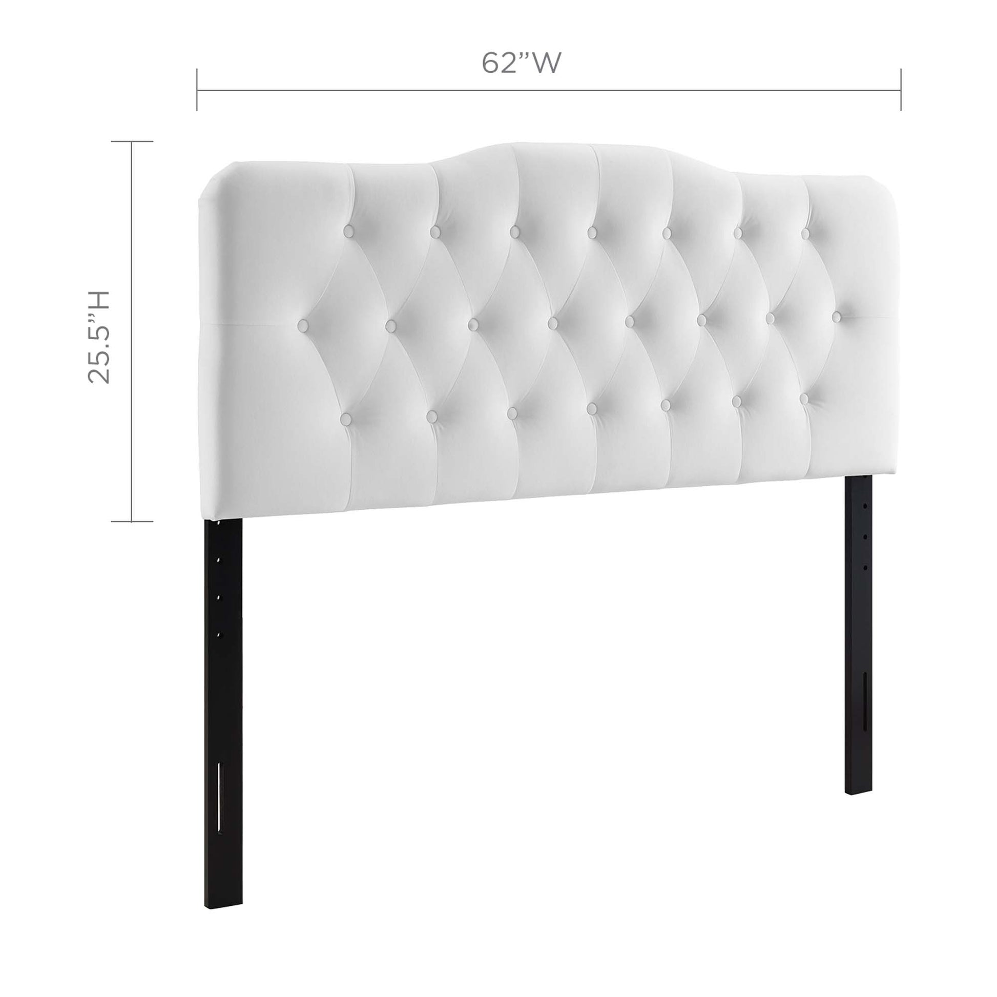 White tufted upholstered headboard with diamond button tufting on black metal legs, 62W x 25.5H.