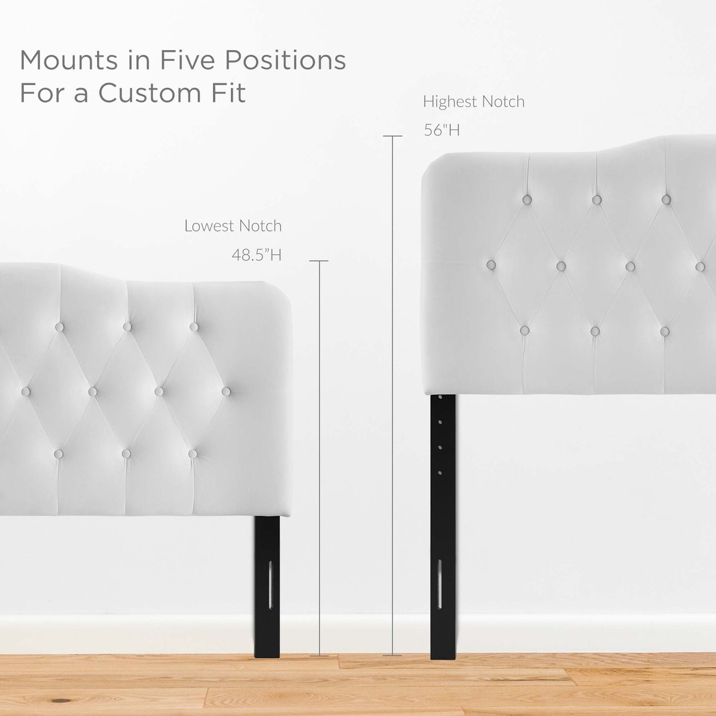 White tufted headboard with adjustable legs, five height positions from 48.5 to 56 inches.