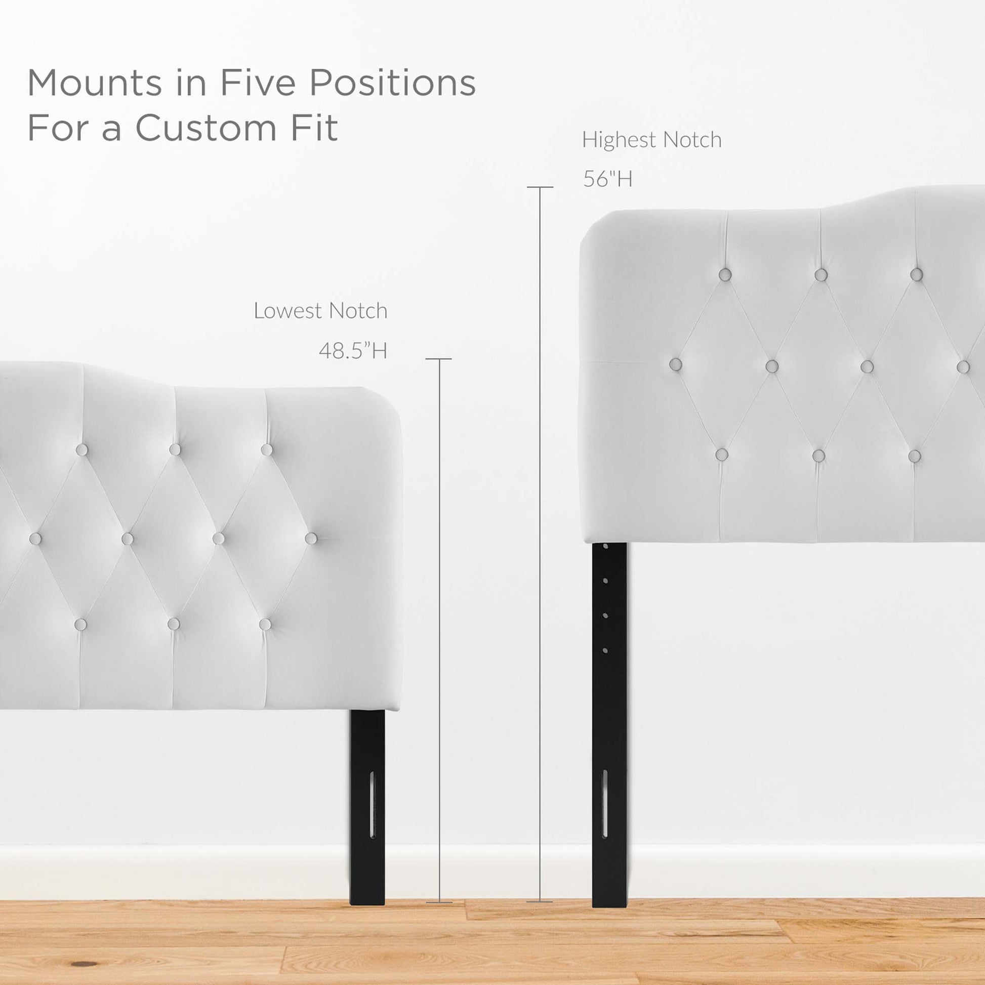 White tufted headboard with adjustable legs, five height positions from 48.5 to 56 inches.