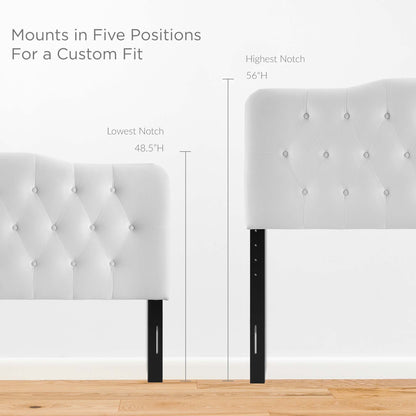White tufted headboard with adjustable legs, five height positions from 48.5 to 56 inches.