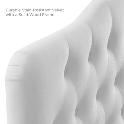 White velvet tufted headboard with diamond tufting, curved panels and deep button tufts.