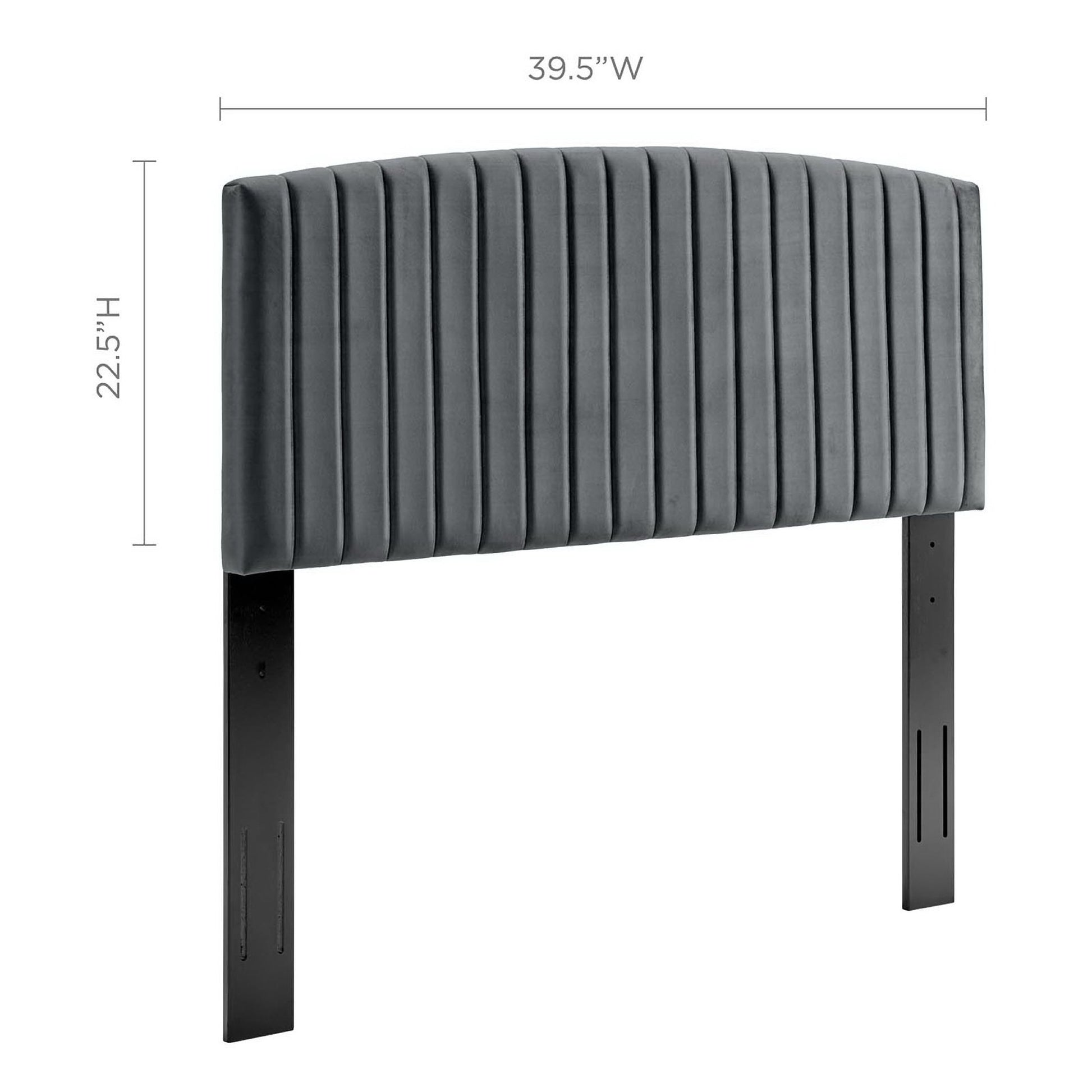 Gray curved upholstered headboard with vertical channel stitching, mounted on metal posts; 39.5 in wide.