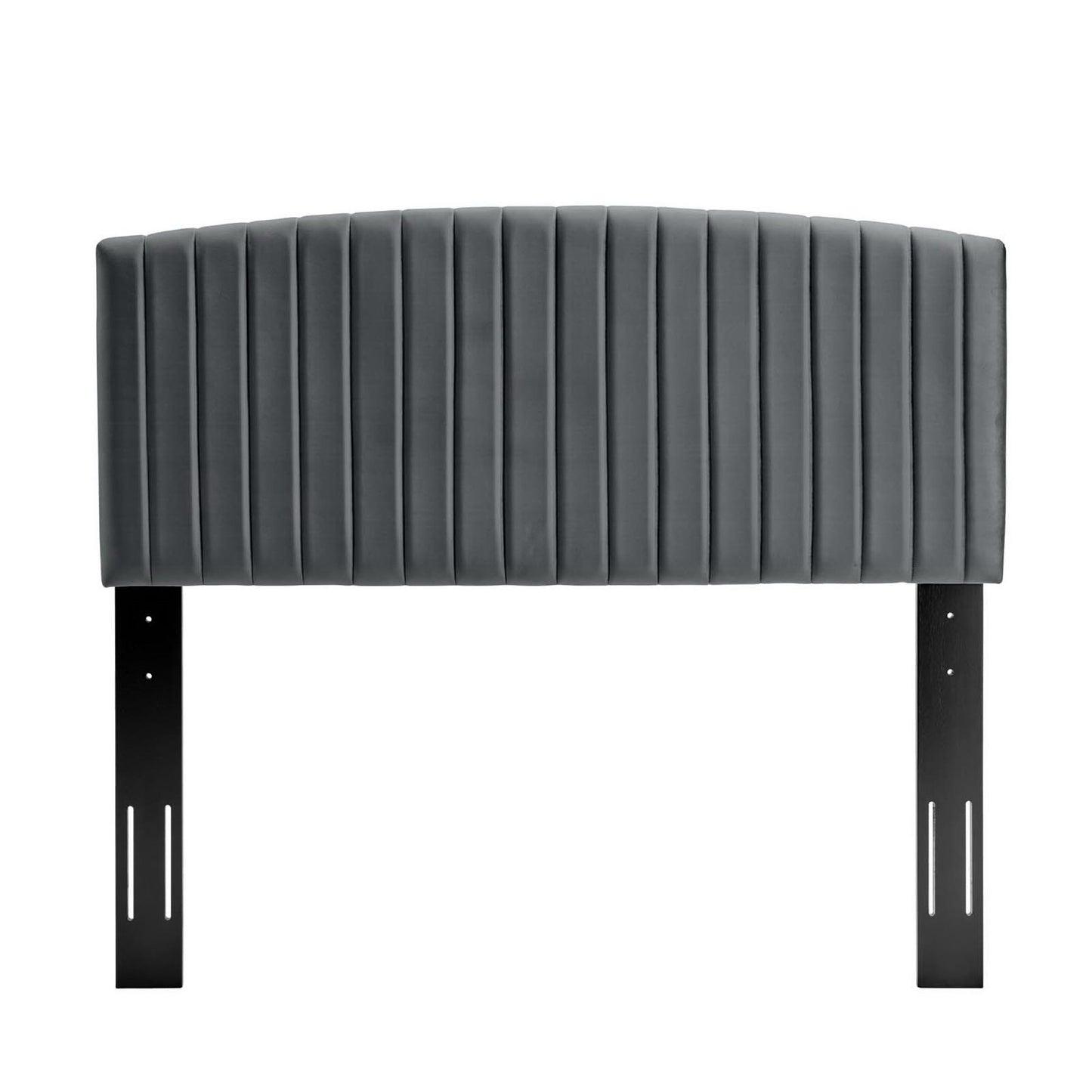 Dark gray velvet upholstered headboard with vertical channel tufting & black metal legs.