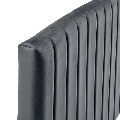 Charcoal gray velvet twin headboard with vertical channel tufting, modern bedroom style.