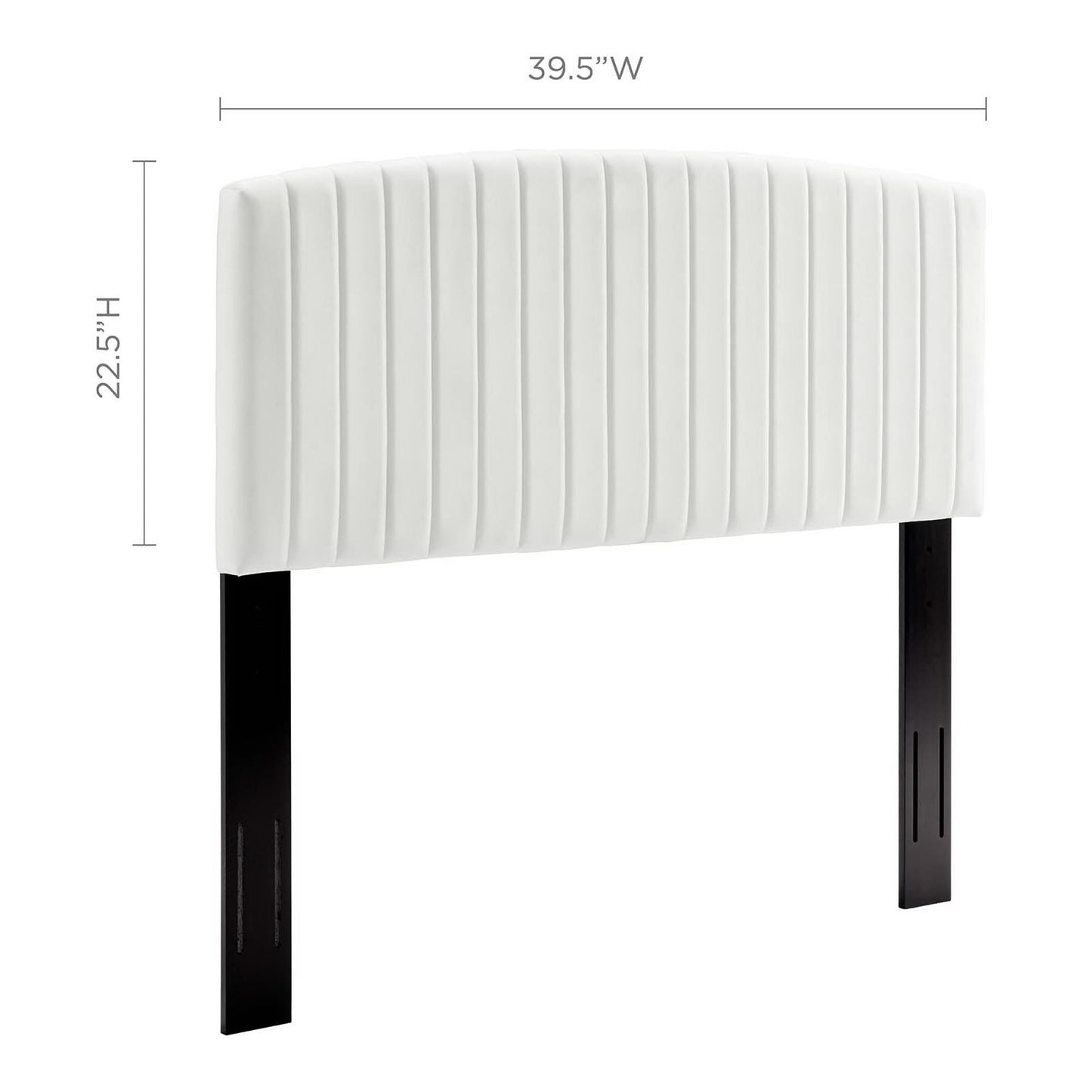 White upholstered headboard with vertical channel tufting, black legs, modern bed decor, 39.5"W x 22.5"H
