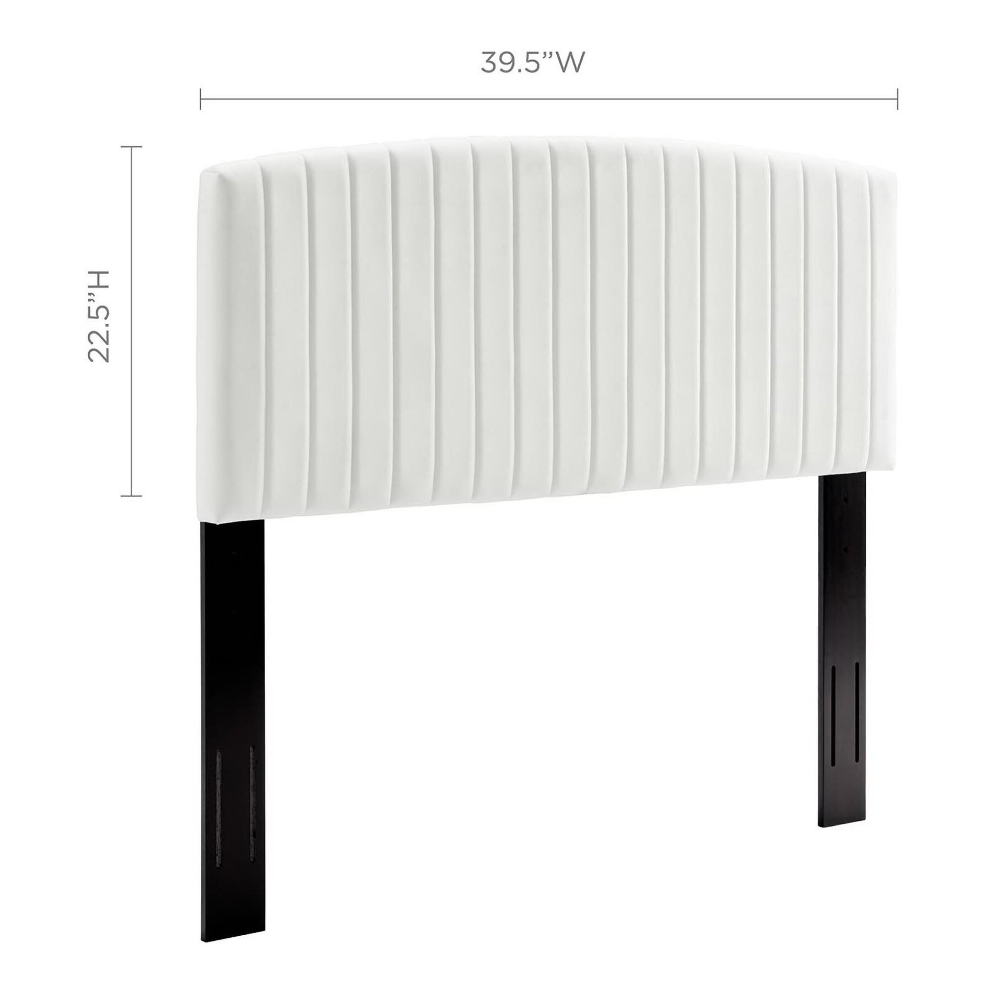 White upholstered headboard with vertical channel tufting, black legs, modern bed decor, 39.5"W x 22.5"H