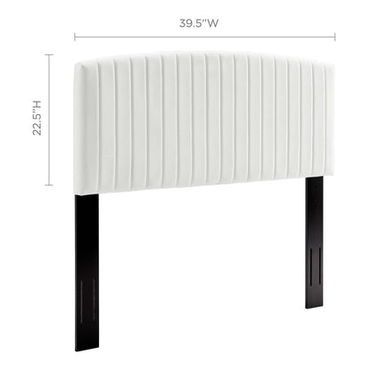 White upholstered headboard with vertical channel tufting, black legs, modern bed decor, 39.5"W x 22.5"H