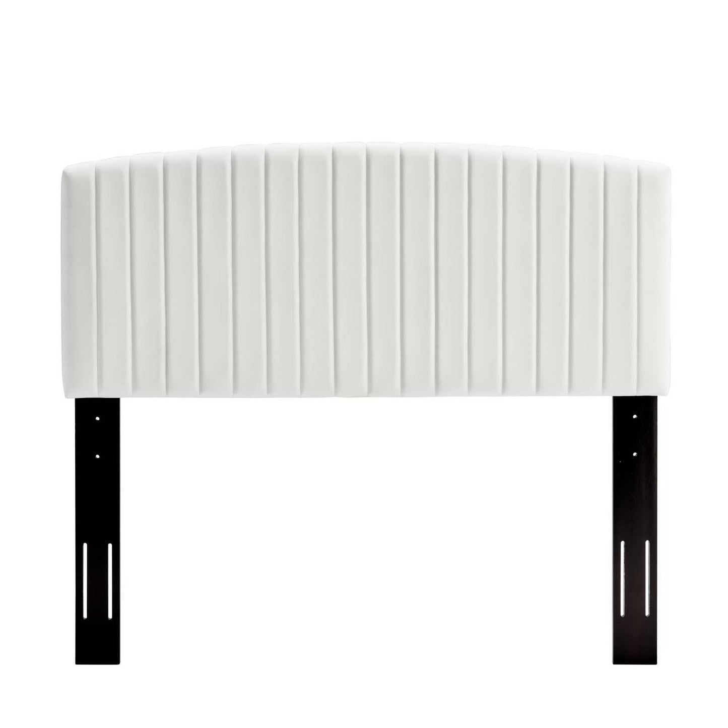 White velvet upholstered twin headboard with vertical channel tufting.