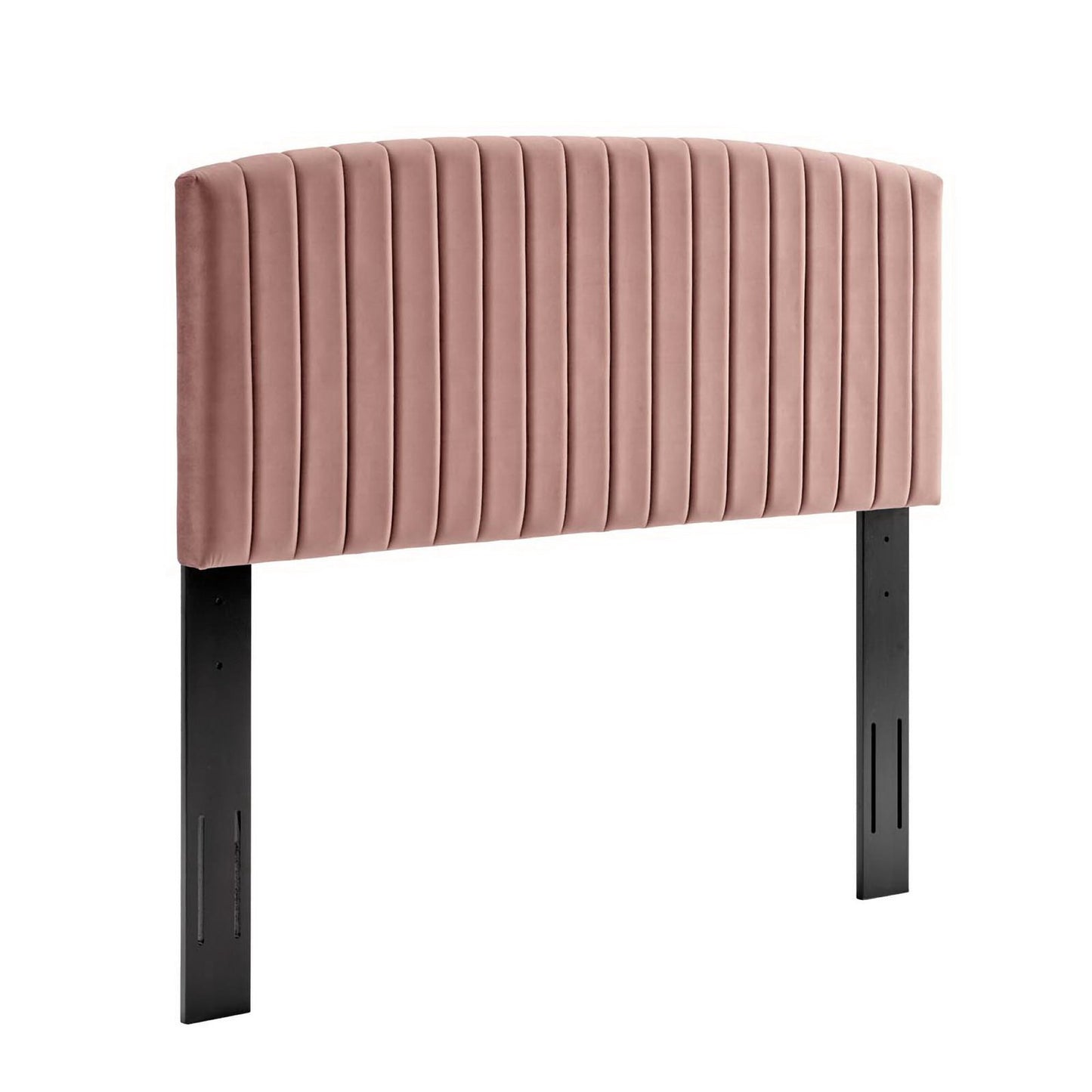 Red velvet upholstered queen platform bed with a vertical channel-tufted headboard and black legs.