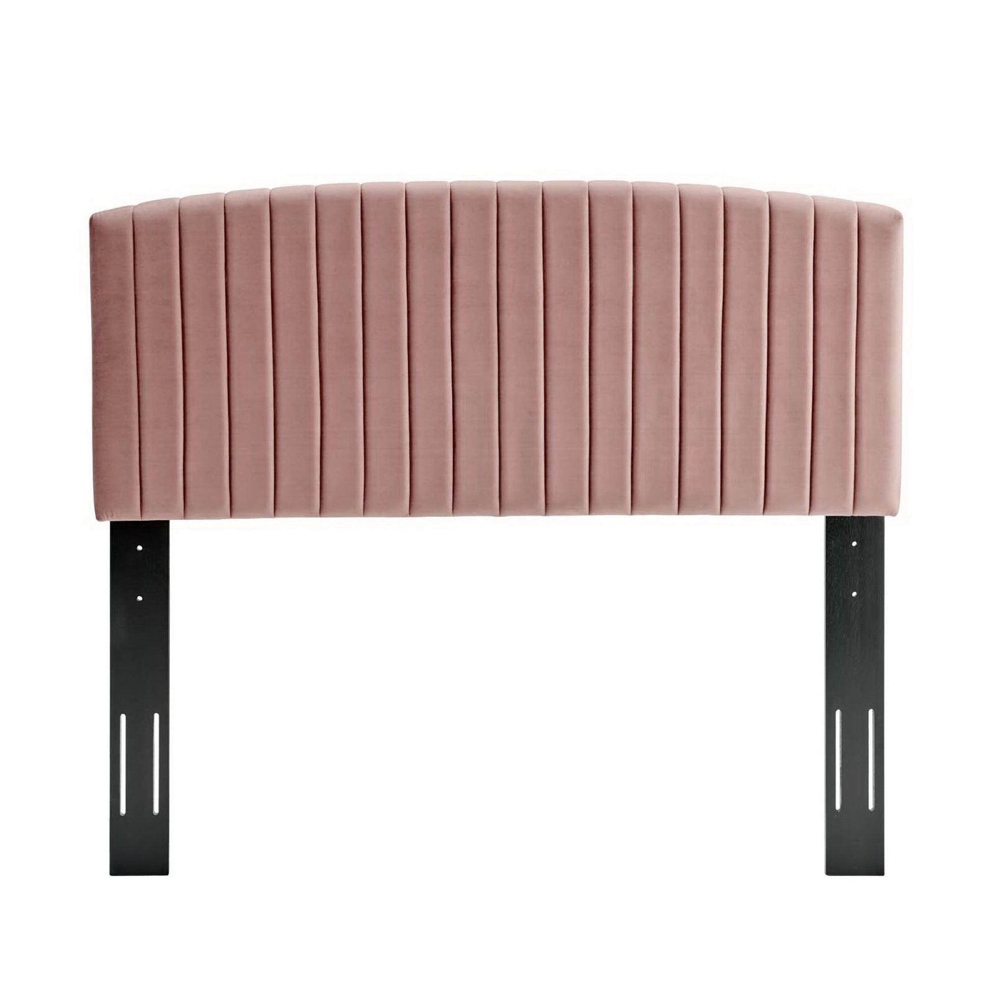 Dusty rose velvet headboard with vertical channel quilting and black metal adjustable legs.