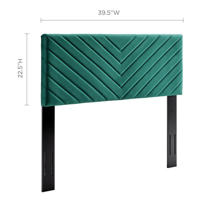 Blue velvet channel-tufted headboard with black metal legs, angular rectangular design, 39.5W x 22.5H.