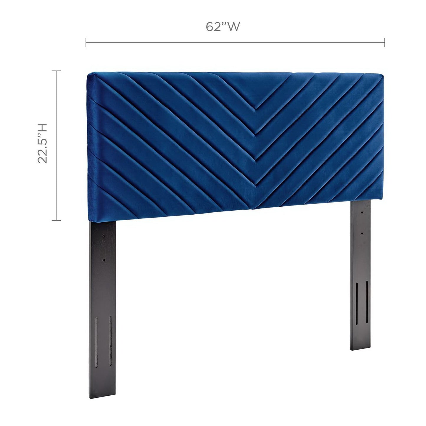 Navy blue velvet headboard with angular channel tufting, mounted on metal legs, 62W x 22.5H.