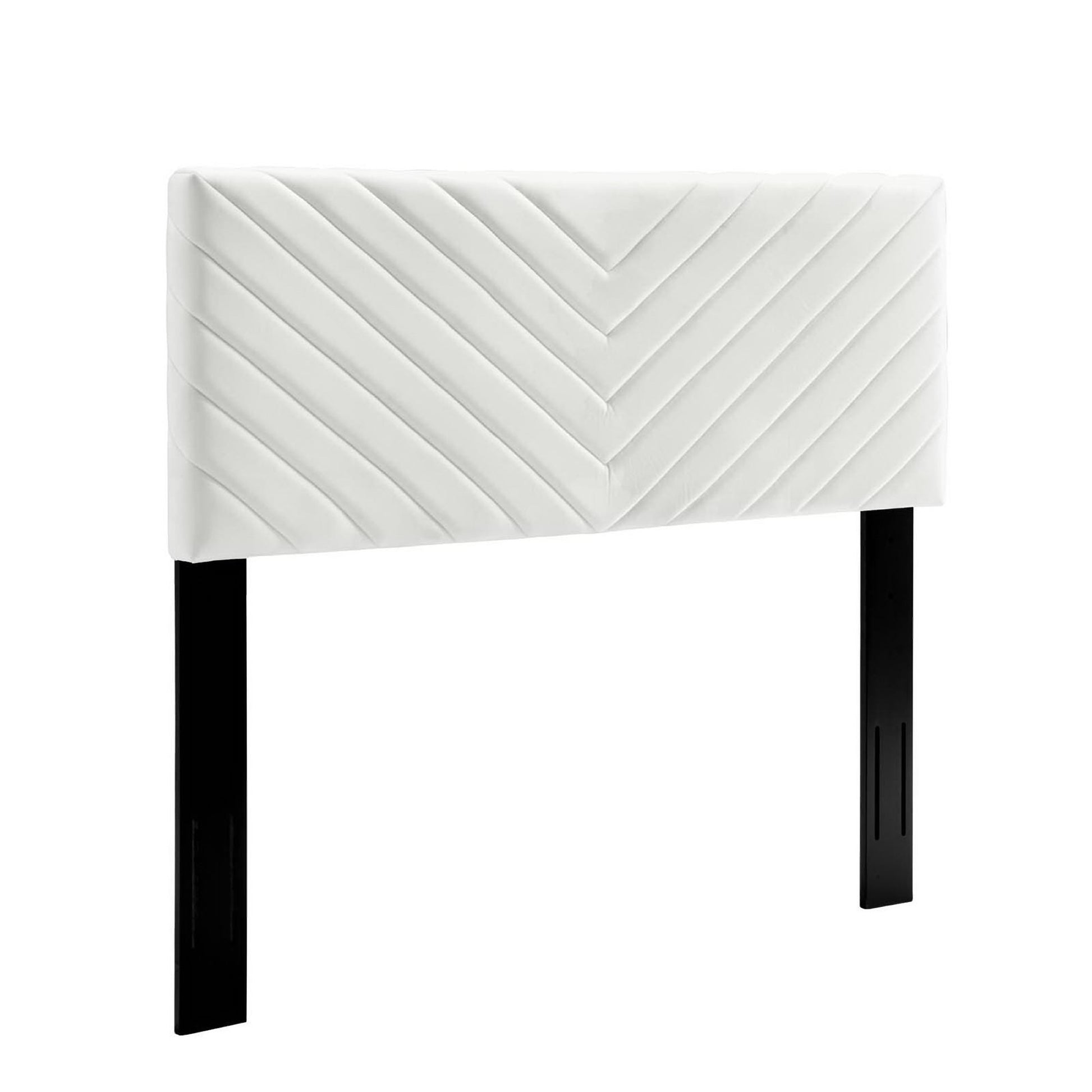 White padded headboard with angular channel tufting in performance velvet; two black rectangular legs for full/queen beds.