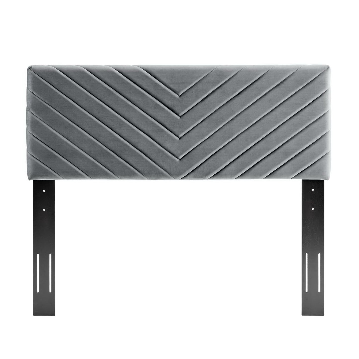 Gray upholstered rectangular headboard panel with angular channel tufting and black metal mounting brackets.
