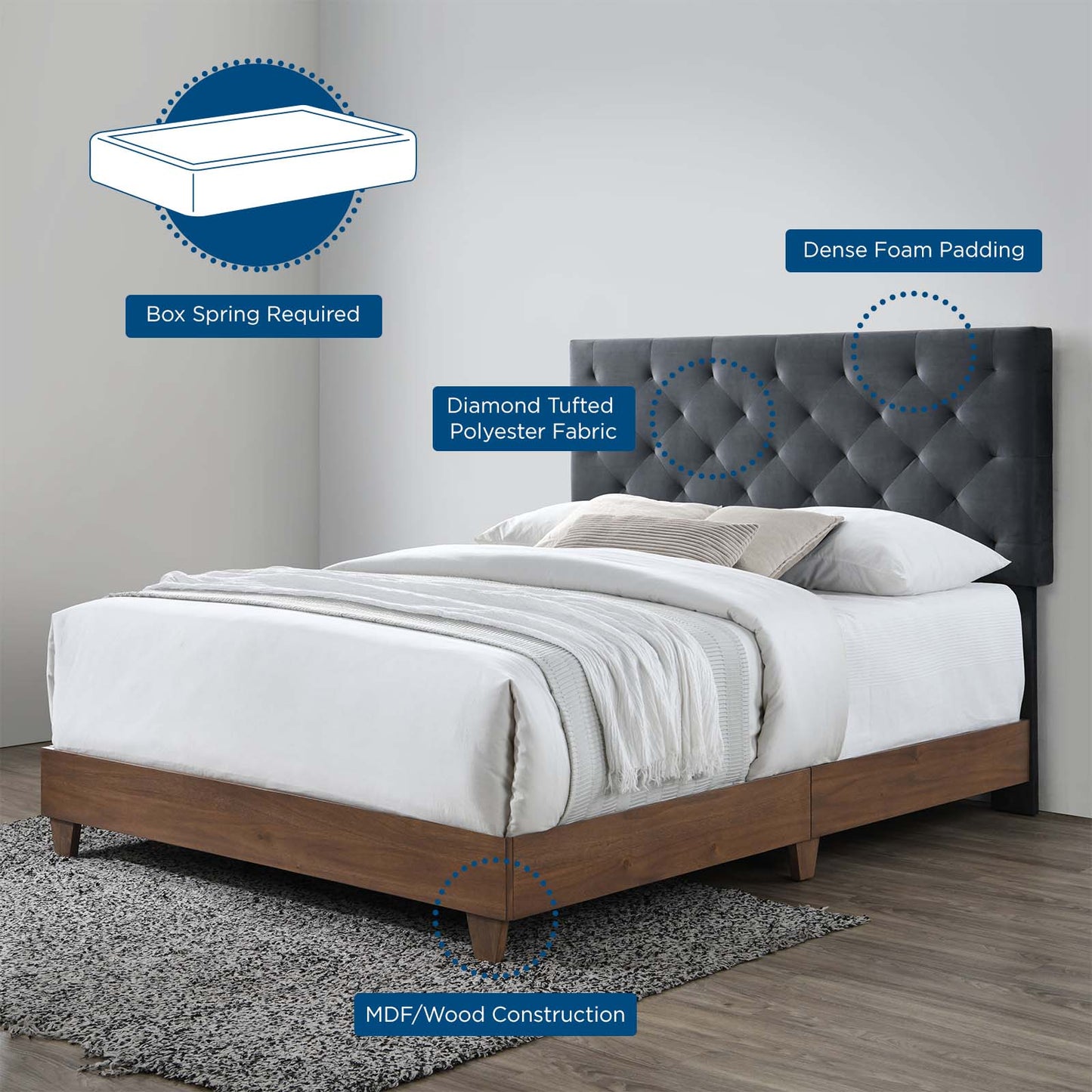 Modway Outlet Rhiannon Diamond Tufted Upholstered Performance Velvet Queen Bed by Modway  Bedroom Furniture Walnut Charcoal - MOD-6147-WAL-CHA