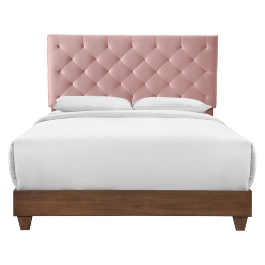 Modway Outlet Rhiannon Diamond Tufted Upholstered Performance Velvet Queen Bed by Modway  Bedroom Furniture Walnut Dusty Rose - MOD-6147-WAL-DUS