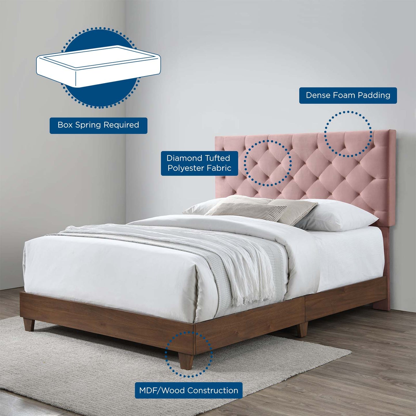 Modway Outlet Rhiannon Diamond Tufted Upholstered Performance Velvet Queen Bed by Modway  Bedroom Furniture Walnut Dusty Rose - MOD-6147-WAL-DUS