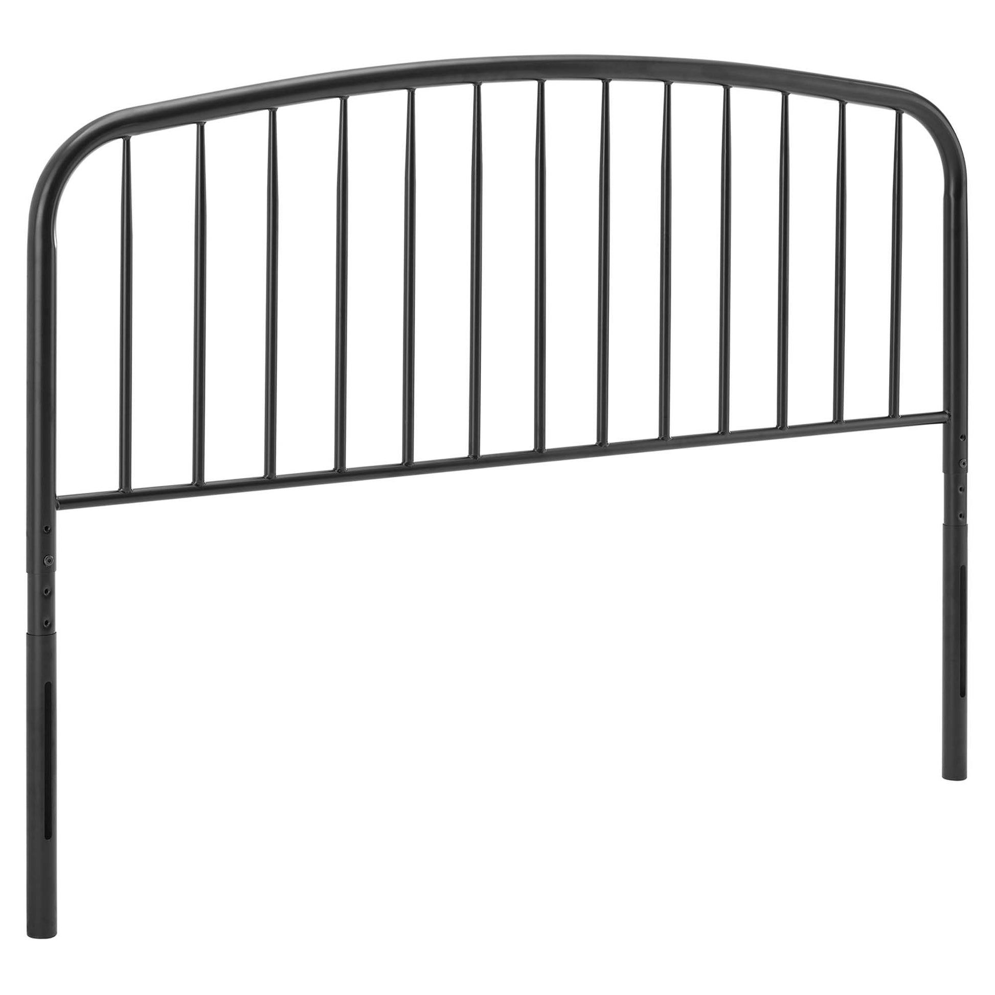 Black metal bed headboard with curved arch top and evenly spaced vertical bars.