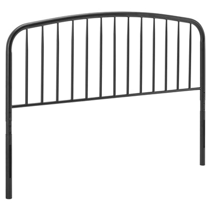 Black metal bed headboard with curved arch top and evenly spaced vertical bars.
