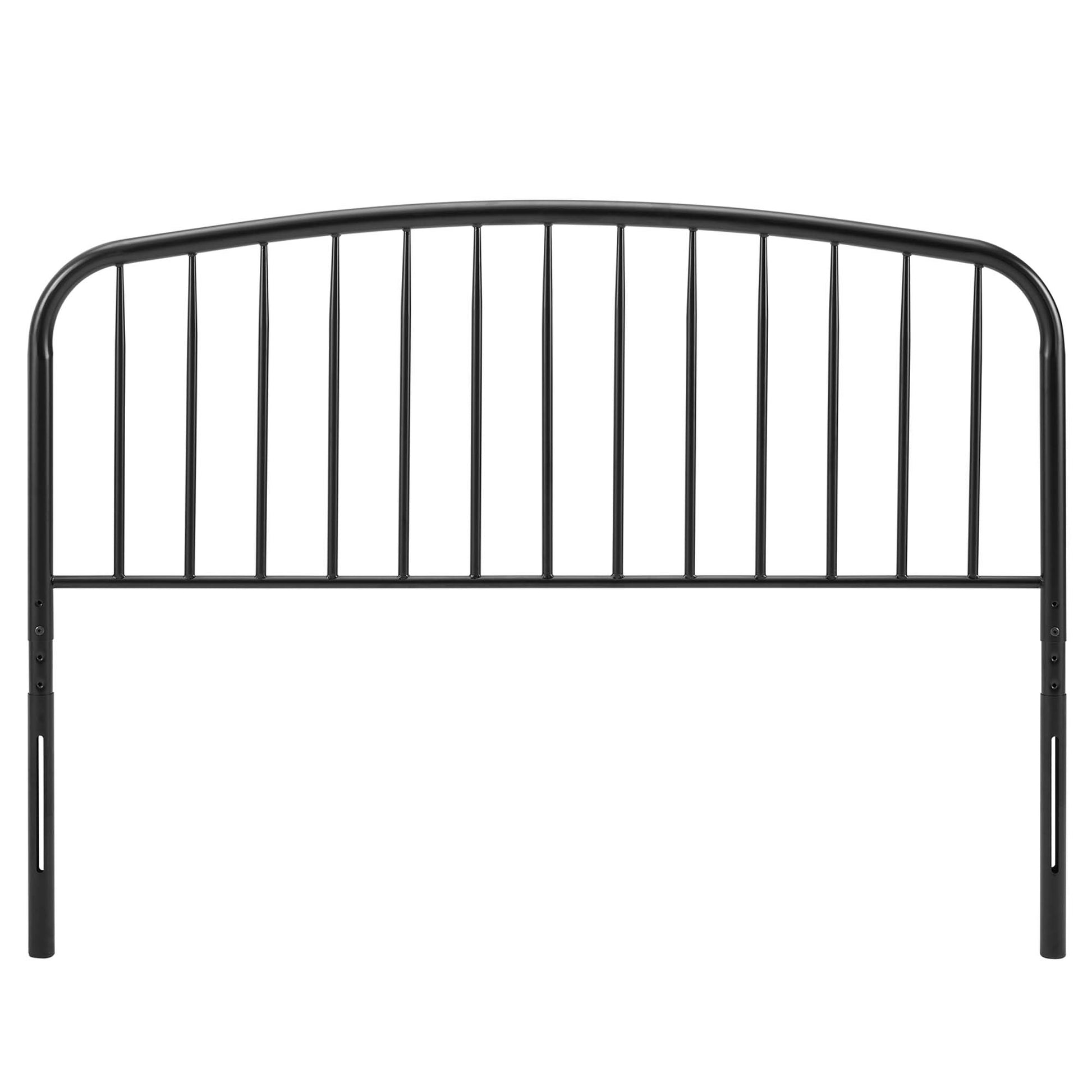 Black metal arched headboard with vertical bars for bed frame.
