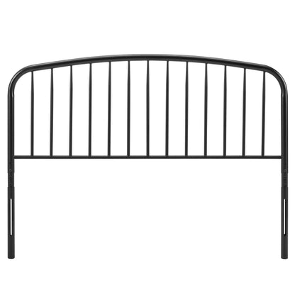 Black metal arched headboard with vertical bars for bed frame.