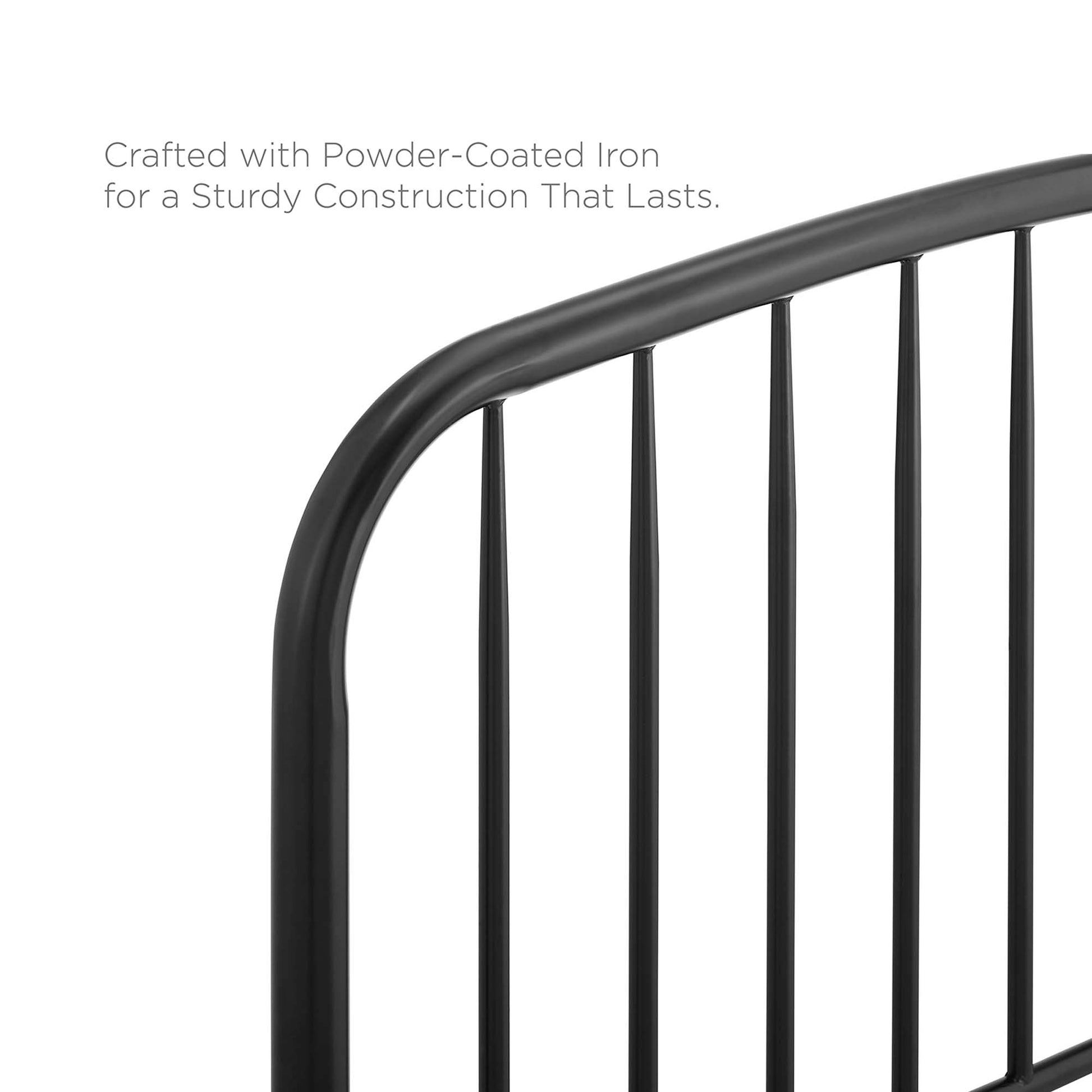 Black powder-coated iron curved-top headboard with slender vertical bars.