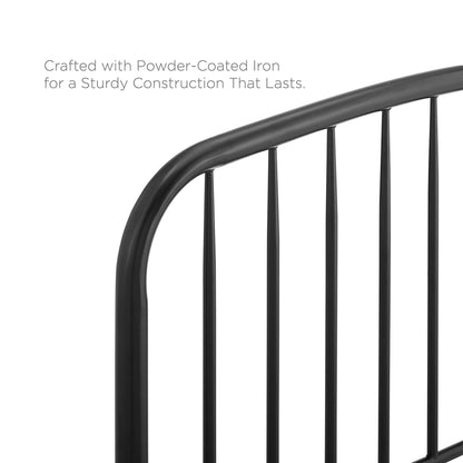 Black powder-coated iron curved-top headboard with slender vertical bars.