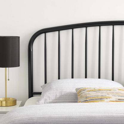Black metal twin headboard with tall slatted design.