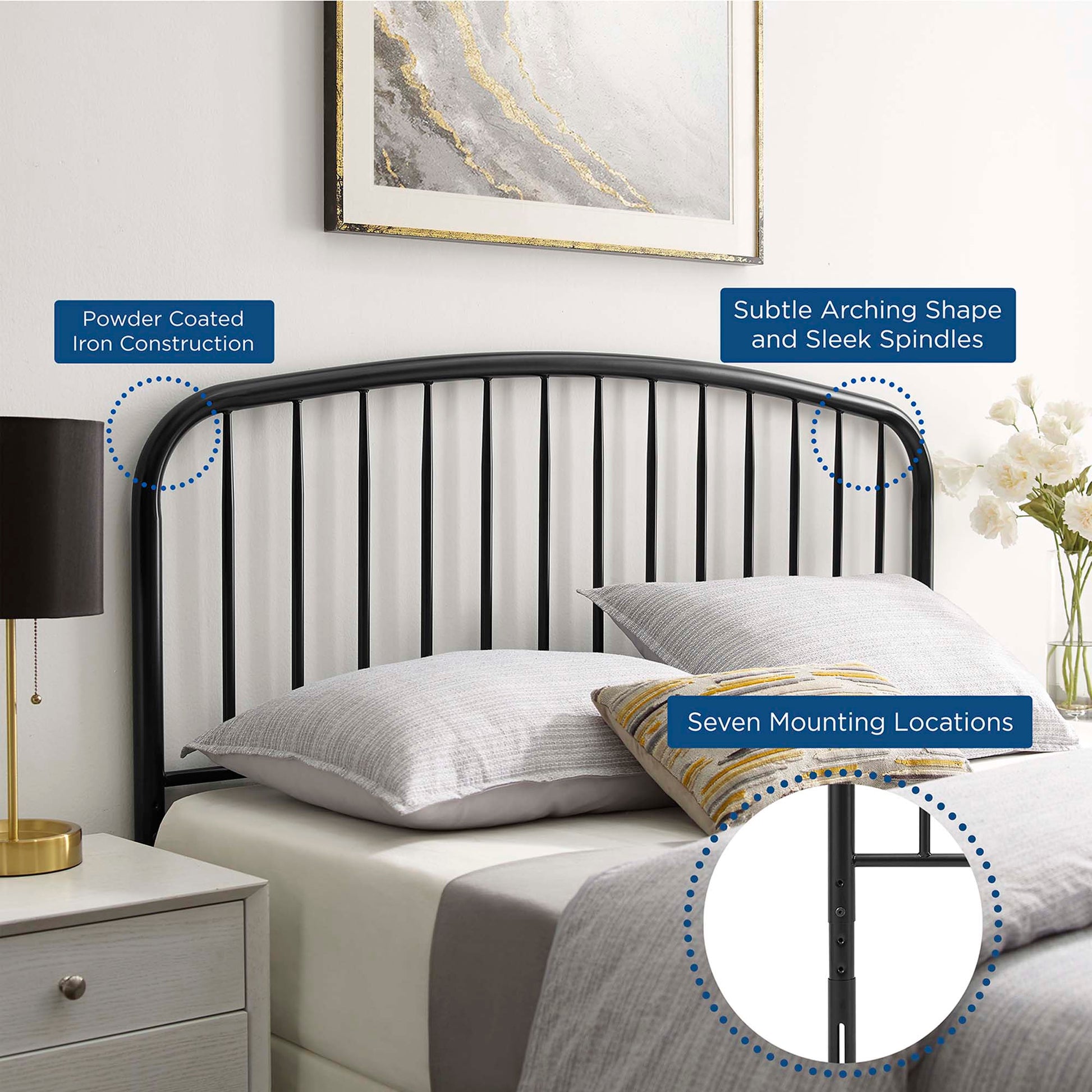 Black powder-coated iron bed headboard with vertical spindles, subtle arch, and seven mounting locations.