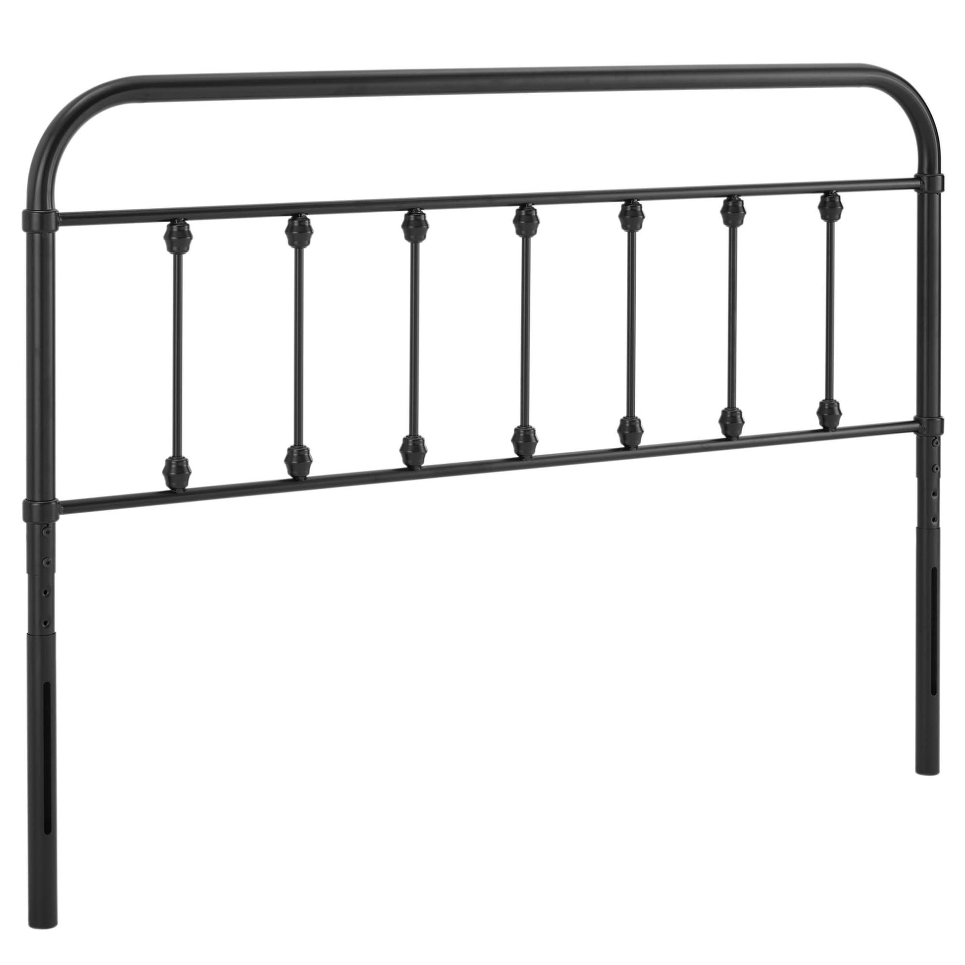 Black wrought iron king headboard with arched top rail, vertical spindle balusters, decorative rosettes.