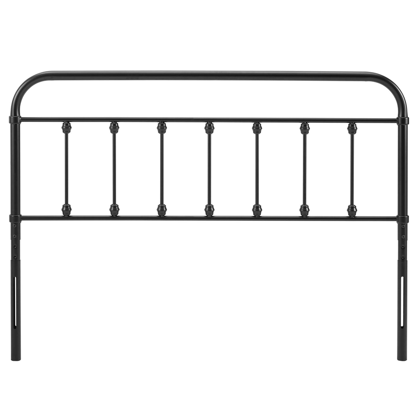 Black metal headboard with curved top rail and decorative vertical spindles; industrial vintage bed frame accent.