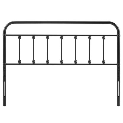 Black metal headboard with curved top rail and decorative vertical spindles; industrial vintage bed frame accent.