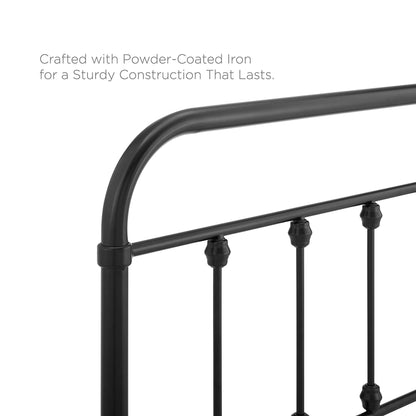Black powder-coated metal king headboard with a curved top and vertical bars.