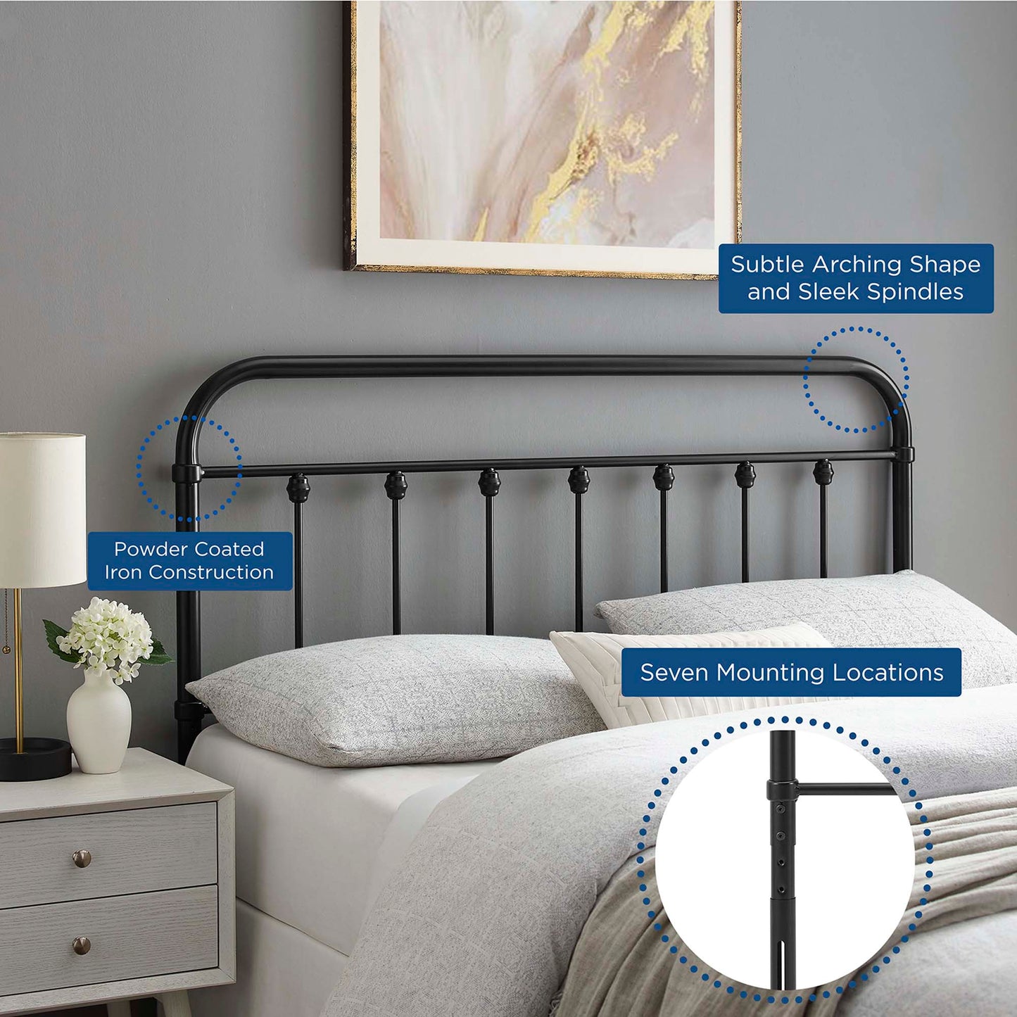 Powder-coated black metal king headboard with arched top rail and slender spindles; seven mounting locations.