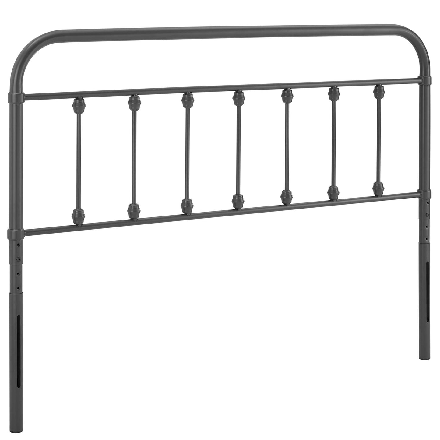 Grey metal king headboard with curved top rail and vertical spindles; decorative, sturdy headboard.