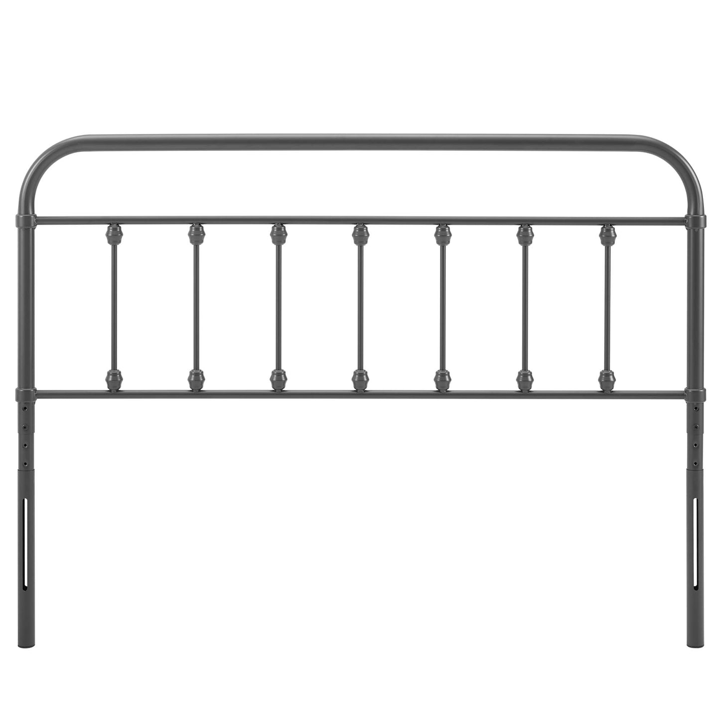 Gray metal bed headboard with a curved top rail and vertical spindles with decorative round knobs.
