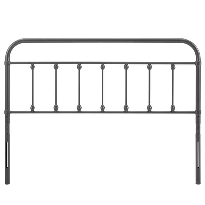 Gray metal bed headboard with a curved top rail and vertical spindles with decorative round knobs.