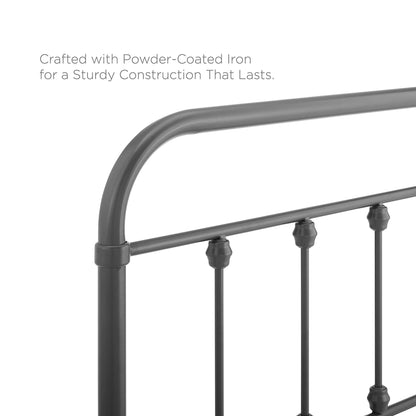 Gray powder-coated metal king headboard with a curved top rail and vertical bars.