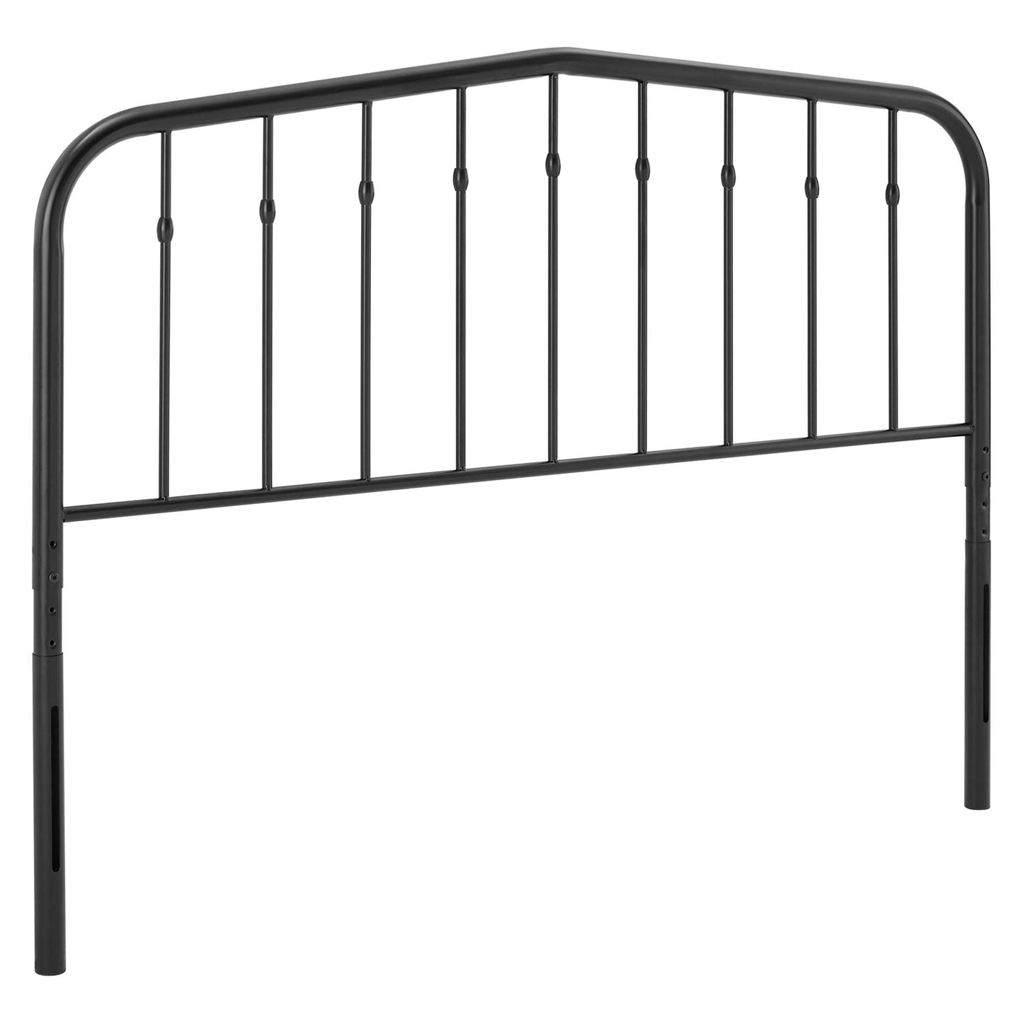 Black metal headboard with an arched top rail and vertical bars in industrial farmhouse style.