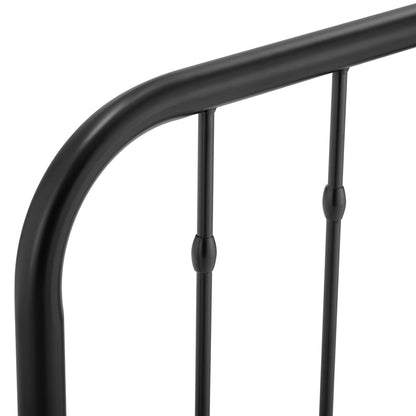 Matte black metal twin headboard with curved top rail and slender vertical spindles, industrial-style design.