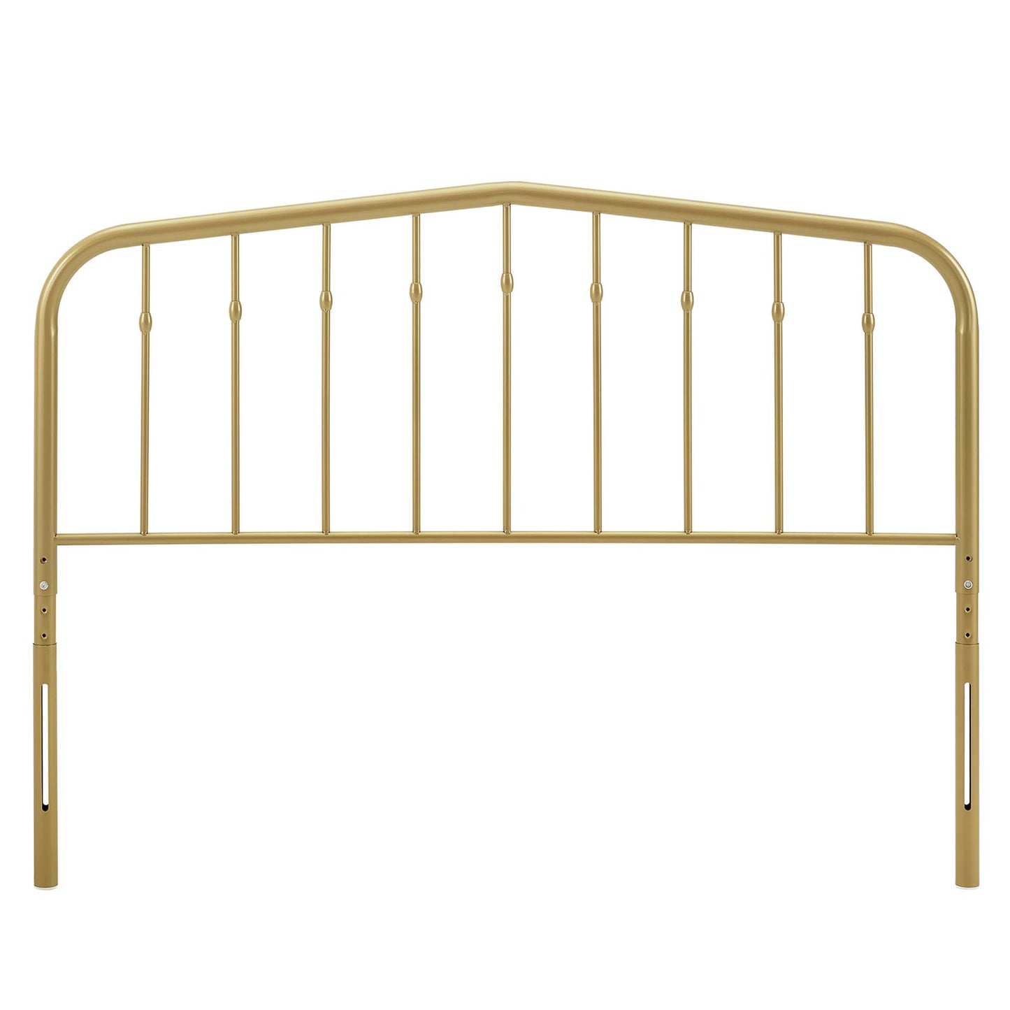 Gold-finish metal headboard with curved top rail and vertical spindles, classic vintage style.