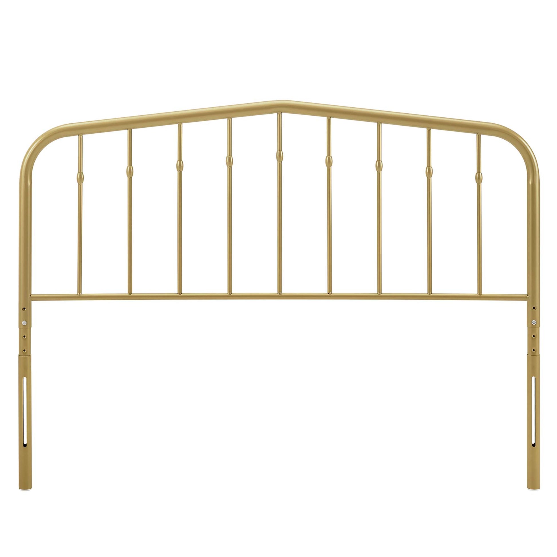 Gold-finish metal headboard with curved top rail and vertical spindles, classic vintage style.