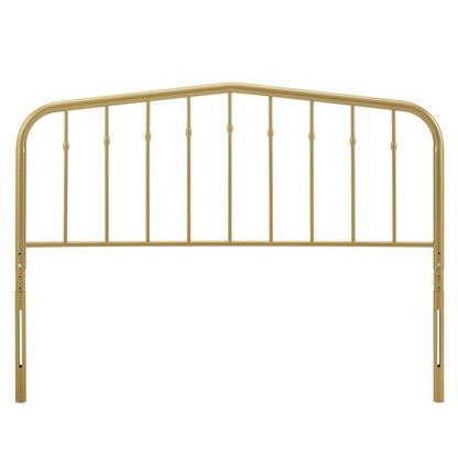 Gold-finish metal headboard with curved top rail and vertical spindles, classic vintage style.