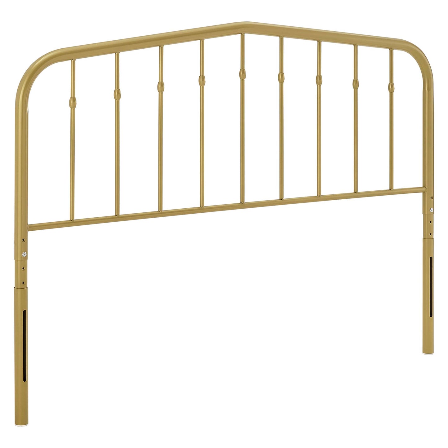 Gold metal headboard with curved top and vertical bars; sturdy headboard.